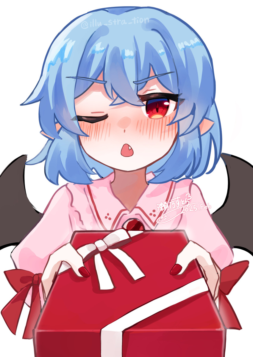 1girl absurdres bat_wings blue_hair blush box brooch collared_shirt commentary_request fang frilled_shirt_collar frills gift gift_box hair_between_eyes highres holding holding_gift jewelry looking_at_viewer one_eye_closed open_mouth pink_shirt pointy_ears puffy_short_sleeves puffy_sleeves red_eyes red_nails remilia_scarlet shirt short_hair short_sleeves simple_background solo sutora touhou upper_body white_background wings