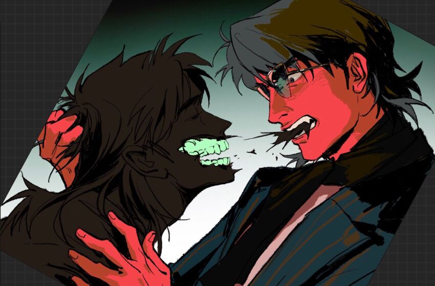 2boys black_scarf blazer blue_jacket brown_hair cannibalism closed_eyes commentary_request grey_eyes holding holding_own_hair hyoudou_kazuya itou_kaiji jacket kaiji long_hair looking_at_another male_focus multiple_boys open_mouth scarf short_hair teeth upper_body zvz_(tt82295946)