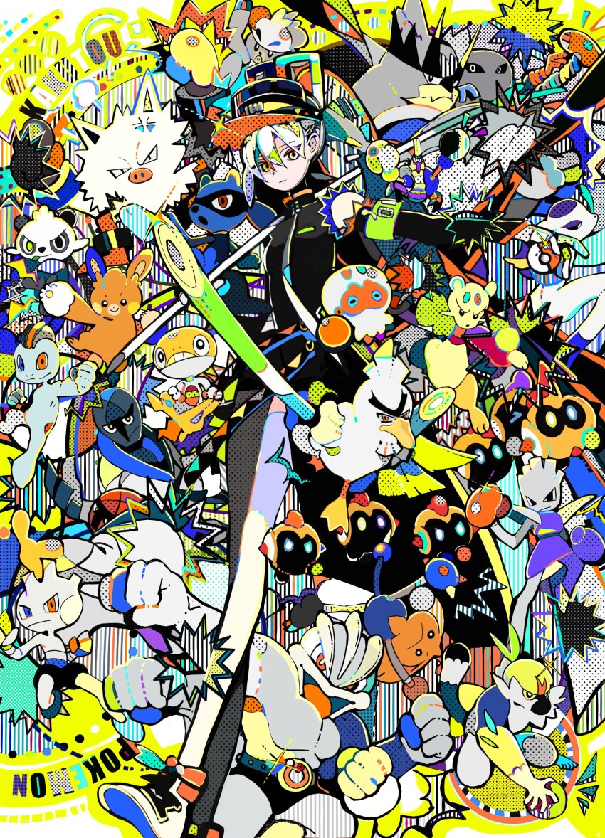 1girl aawk absurdres armband character_request claws crabrawler english_text eyeliner eyeshadow falinks fighting_miku_(project_voltage) food gen_1_pokemon gen_2_pokemon gen_4_pokemon gen_5_pokemon gen_6_pokemon gen_7_pokemon gen_8_pokemon green_armband halftone hatsune_miku highres hitmonchan hitmonlee hitmontop holding holding_food holding_spring_onion holding_vegetable legendary_pokemon long_legs machamp makeup mienfoo mienshao multicolored_background multicolored_clothes multicolored_eyes n79oqc3yja6jlof nintendo orange_eyeliner orange_eyeshadow orange_trim pancham passimian pawmot pokemon pokemon_(creature) primeape project_voltage riolu scraggy sirfetch&#039;d spring_onion throh tyrogue urshifu vegetable visor_cap vocaloid
