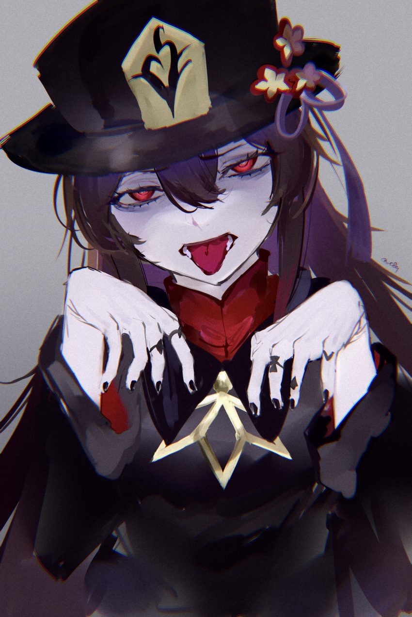 1girl absurdres black_dress black_hat black_nails brown_hair dress fingernails genshin_impact gesugao hands_up hat head_tilt highres hu_tao_(genshin_impact) looking_at_viewer mile_(off8mile) nail_polish open_mouth outstretched_arms pale_skin red_eyes solo tongue tongue_out zombie_pose