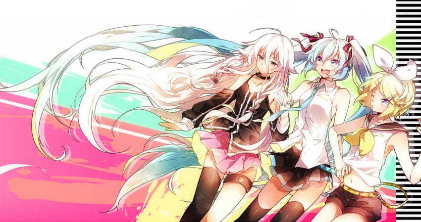 3girls aka_tonbo_(lililil) aqua_eyes aqua_hair bare_shoulders blonde_hair blue_eyes braid detached_sleeves hair_ornament hair_ribbon hairclip hatsune_miku ia_(vocaloid) kagamine_rin long_hair multiple_girls open_mouth pink_hair ribbon skirt thighhighs twin_braids twintails very_long_hair vocaloid