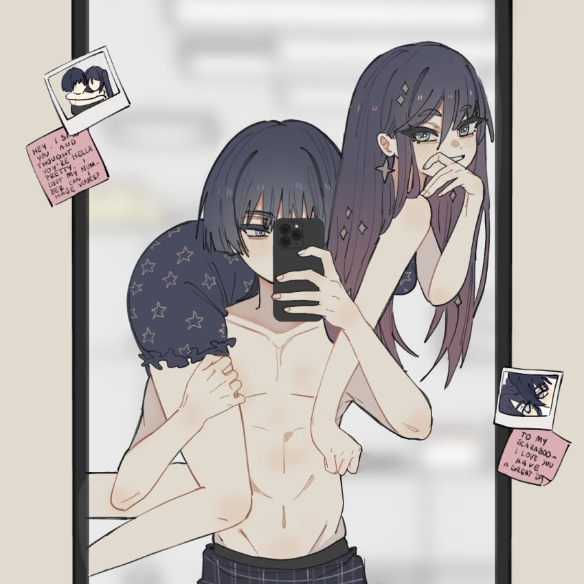 1boy 1girl abs alternate_costume alternate_hairstyle aqua_eyes asymmetrical_bangs bare_shoulders black_dress black_hair blunt_ends blush breasts bright_pupils carrying carrying_person cellphone contemporary couple covering_own_mouth dress earrings english_text eyelashes fingernails fireman&#039;s_carry frilled_dress frills genshin_impact gradient_hair grey_eyes grey_hair grin groin hair_between_eyes hair_down hand_on_another&#039;s_thigh hand_on_own_face hand_over_own_mouth hands_up hetero holding holding_another&#039;s_thighs holding_phone jewelry long_hair looking_at_mirror looking_at_viewer medium_breasts meme mirror mona_(genshin_impact) multicolored_hair navel pectorals phone photo_(object) pink_hair plaid_clothes plaid_shorts raised_eyebrows reflection revision scaramouche_(genshin_impact) selfie short_eyebrows shorts sleepwear smartphone smile star_(symbol) star_earrings star_print sticky_note swept_bangs toned toned_male topless_male tsurime white_pupils wispy_bangs ysnden