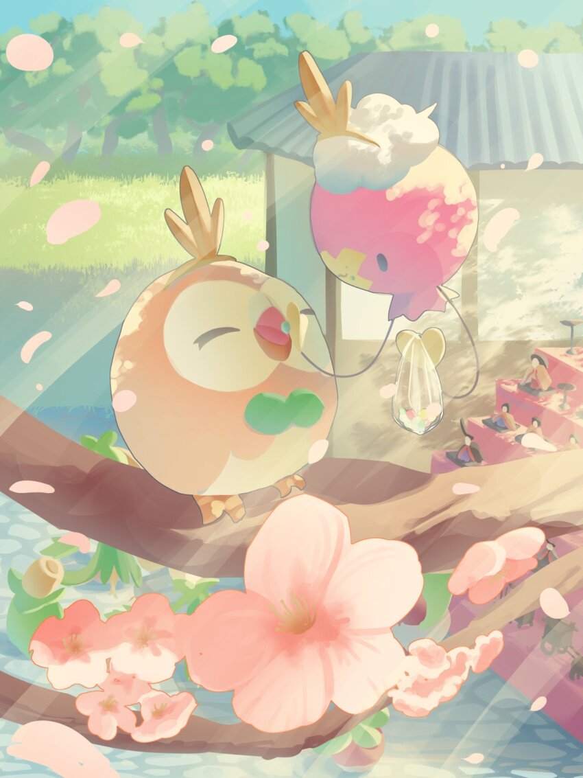 bounsweet closed_eyes commentary_request day dolliv drifloon falling_petals feeding flower food food_on_face gen_4_pokemon gen_7_pokemon highres light_rays mokukitusui nintendo no_humans on_branch open_mouth outdoors petals pink_flower pokemon pokemon_(creature) rowlet smoliv tongue