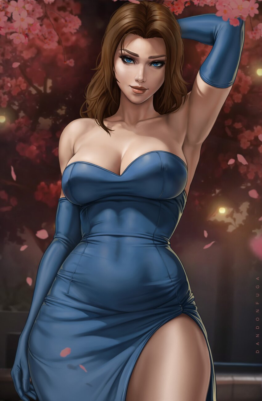1girl absurdres arm_behind_head armpits blue_dress blue_eyes blue_gloves breasts brown_hair cherry_blossoms cleavage covered_navel dandon_fuga dispatch dress elbow_gloves gloves highres jewelry large_breasts looking_at_viewer mandy_(dispatch) paid_reward_available parted_bangs side_slit smile solo strapless strapless_dress thighs tight_clothes tight_dress toned toned_female