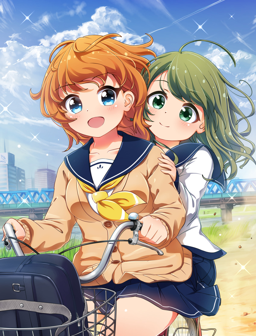 2girls absurdres ahoge amano_nozomi battle_girl_high_school bicycle blue_eyes blue_skirt blue_sky blush bridge brown_sweater clip_studio_paint_(medium) closed_mouth cloud day green_eyes green_hair highres long_hair long_sleeves looking_at_viewer multiple_girls open_mouth orange_hair outdoors riding riding_bicycle school_uniform serafuku skirt sky sparkle sweater tamanegi_(12030028) tokiwa_kurumi
