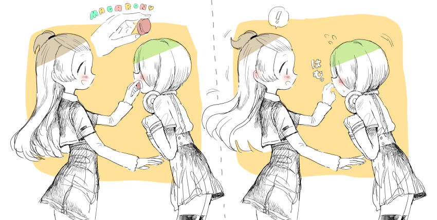 ! 2girls azumi_hagumu bangs_pinned_back blush daito_academy_school_uniform dress feeding finger_in_another&#039;s_mouth food from_side green_hair headphones headphones_around_neck highres kojima_terashi kosho_academy_school_uniform layered_sleeves long_hair long_sleeves macaron magia_record:_mahou_shoujo_madoka_magica_gaiden mahou_shoujo_madoka_magica miyabi_shigure multiple_girls open_mouth school_uniform shirt short_dress short_hair short_over_long_sleeves short_sleeves smile speech_bubble