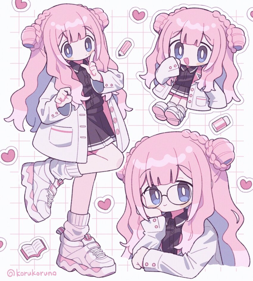 1girl black_shirt black_skirt blue_eyes blush book chibi closed_mouth double_bun eraser glasses hair_bun hashtag-only_commentary heart highres jacket koru_koruno long_hair multiple_views nijisanji open_book open_clothes open_jacket pencil pink_hair shirt shoes skirt socks suo_sango suo_sango_(3rd_costume) twitter_username virtual_youtuber white_socks