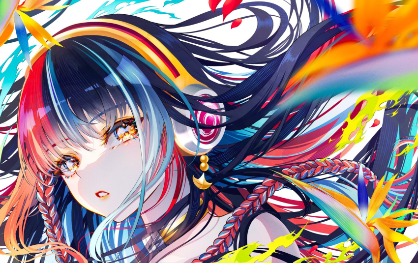 1girl blue_hair braid commentary_request floating_hair harusaruhi headphones highres kamitsubaki_studio long_braid long_hair looking_at_viewer multicolored_hair orange_eyes parted_lips portrait red_hair sanosomeha sidelocks solo streaked_hair very_long_hair virtual_youtuber white_background