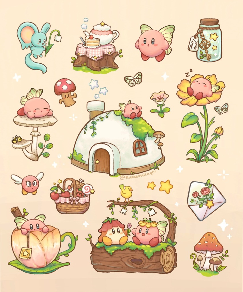 :d :o artist_name basket bird black_eyes blue_eyes blush blush_stickers boned_meat bow branch bronto_burt brown_eyes bug butterfly cake cake_slice candy cappy_(kirby) cherry chimney closed_eyes commentary cup elfilin english_commentary envelope fairy_wings flower flower_on_head fly_agaric food fork fruit highres holding holding_flower house in_container in_cup insect invincible_candy jar key kirby kirby&#039;s_house kirby_(series) kurain_villager lily_of_the_valley log lollipop maxim_tomato meat moss multiple_views mushroom needlous nintendo on_roof open_mouth orange_background picnic_basket pink_background pink_bow pink_flower plant plate pop_flower red_flower rose simple_background sitting sitting_on_log sitting_on_roof sleeping smile sparkle star_(symbol) swirl_lollipop teabag teacup teapot tomato tree_stump tulip twitter_username vines waddle_dee white_flower wings yellow_flower zzz