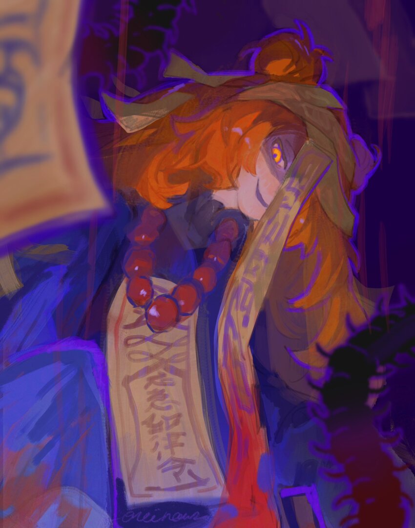 1girl beads blue_shirt bug centipede double_bun hair_bun highres hundred-footed_death_maggot_(e.g.o) ishmael_(project_moon) limbus_company long_hair looking_at_viewer one_eye_covered oneii orange_hair prayer_beads project_moon purple_background shirt simple_background sleeves_past_fingers sleeves_past_wrists solo standing talisman upper_body yellow_eyes