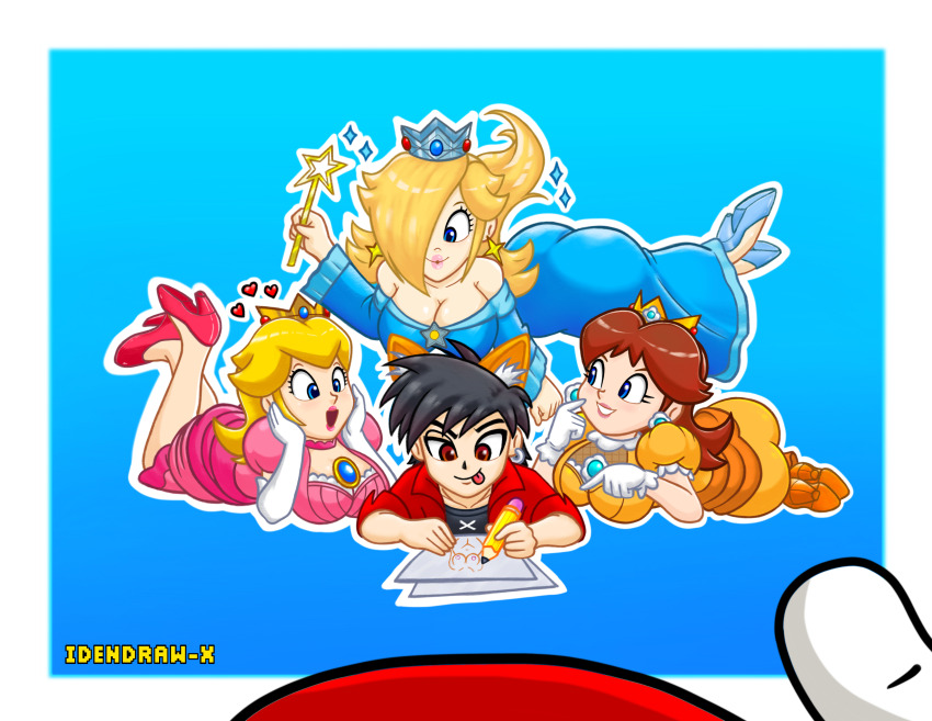 1boy 2boys 3girls :p :q absurdres animal_ears ass bare_shoulders black_hair blonde_hair blue_dress blue_eyes blush breasts brown_hair cat_ears child cleavage crown drawing_(action) dress earrings elbow_gloves fireworks fox_ears gloves hair_over_one_eye head_rest heart high_heels highres holding holding_wand huge_ass idendrawx jewelry large_breasts long_hair looking_at_another lying mario mario_(series) medium_breasts mini_crown multiple_boys multiple_girls nintendo off-shoulder_dress off_shoulder on_stomach pink_dress plump_ass plump_butt princess_daisy princess_peach puffy_short_sleeves puffy_sleeves red_eyes rosalina shirt shoes short_sleeves shota smile sparkler star_(symbol) star_earrings star_wand super_mario_bros._1 super_mario_galaxy tagme tomboy tongue tongue_out wand white_gloves