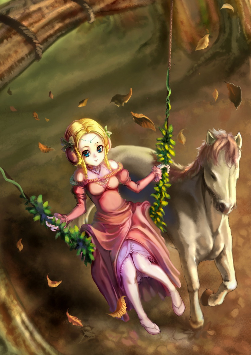 banpresto blonde_hair blue_eyes bun_cover dress highres horse leaf pantyhose shine_hausen solo st.microscope super_robot_wars super_robot_wars_original_generation white_pantyhose