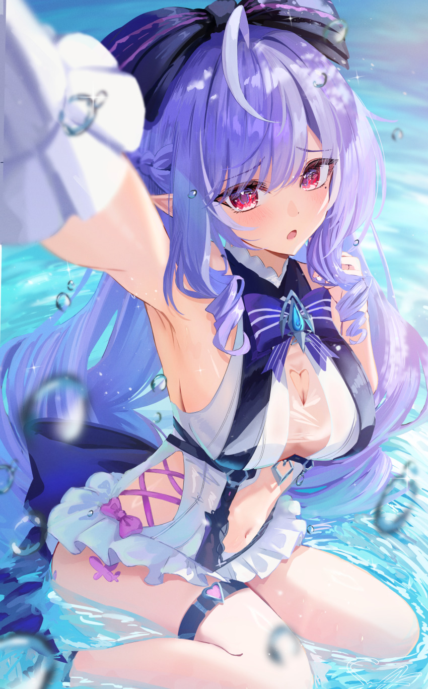 1girl arm_up armpits bow breasts cleavage_cutout clothing_cutout commentary_request hair_between_eyes hair_bow highres long_hair looking_at_viewer medium_breasts mole mole_under_eye navel neonewcatnyan official_alternate_costume official_alternate_hairstyle one-piece_swimsuit open_mouth purple_hair red_eyes sitting solo stomach swimsuit thigh_strap vivian_banshee vivian_banshee_(iris_of_the_shore) wariza water white_one-piece_swimsuit zenless_zone_zero