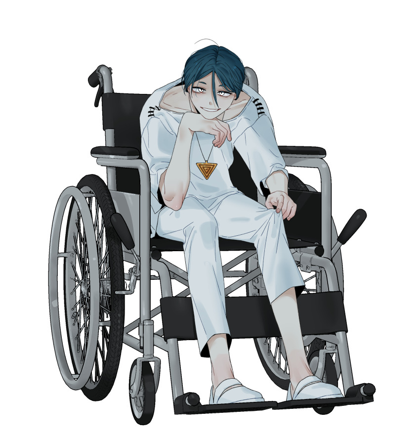 1boy blue_hair commentary_request full_body hair_between_eyes hand_on_own_chin highres looking_at_viewer maelo male_focus meguriya_ayumu pants shirt shoes short_hair simple_background sitting smile solo toshi_densetsu_kaitai_center triangle_necklace wheelchair white_background white_eyes white_pants white_shirt white_shoes