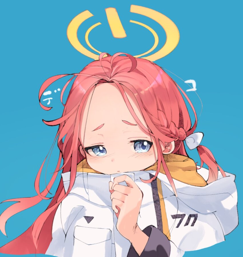 1girl blue_archive blue_background blue_eyes border bow braid coat forehead hair_bow halo high_collar highres long_hair long_sleeves looking_at_viewer multiple_hair_bows red_hair ryo_(ryo_skrdi) side_braid solo upper_body very_long_hair white_bow white_coat yuzu_(blue_archive)