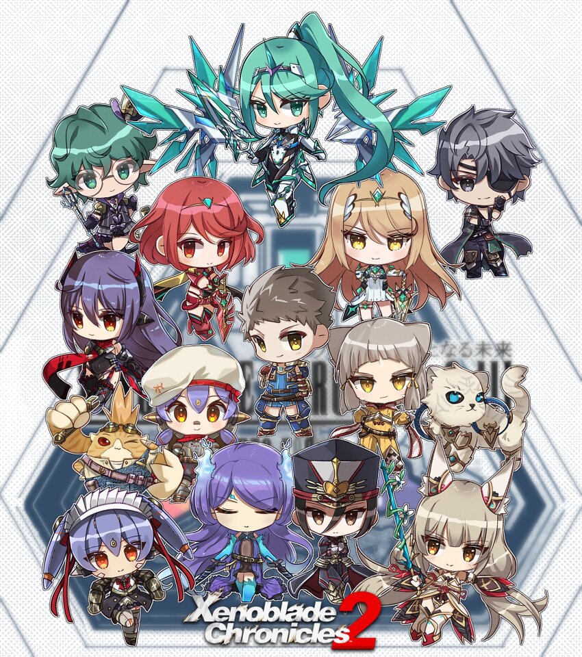 4boys 6+girls aegis_sword_(xenoblade) animal_ears beret brighid_(xenoblade) cat_ears chest_jewel chibi dromarch_(xenoblade) everyone eyepatch hat highres looking_at_viewer low_twintails military_hat morag_ladair_(xenoblade) multiple_boys multiple_girls multiple_persona mythra_(xenoblade) nia_(blade)_(xenoblade) nia_(xenoblade) pandoria_(xenoblade) pneuma_(xenoblade) pointy_ears poppi_(xenoblade) poppi_alpha_(xenoblade) poppi_qt_(xenoblade) poppi_qtpi_(xenoblade) pyra_(xenoblade) rex_(xenoblade) sword tiara tora_(xenoblade_2) twintails weapon xenoblade_chronicles_(series) xenoblade_chronicles_2 zeke_von_genbu_(xenoblade) zer00han
