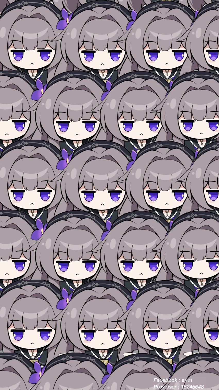 1girl :&lt; black_dress black_hat blush_stickers brown_hair chibi closed_mouth dress eiji_nochi eyebrows_hidden_by_hair flat_chest flower hair_flower hair_ornament hat herta_(honkai:_star_rail) herta_(puppet)_(honkai:_star_rail) highres honkai:_star_rail honkai_(series) jewelry key key_necklace light_frown lock_necklace long_hair looking_at_viewer multiple_views necklace purple_eyes