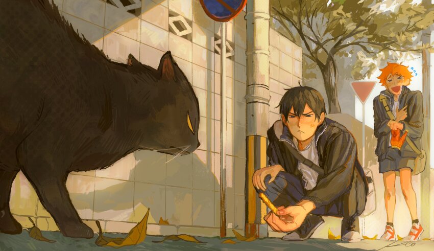 &gt;_&lt; 2boys :&lt; angry arms_up bag black_cat black_hair black_jacket black_shorts blue_pants blush cat closed_mouth collared_jacket commentary crew_neck double-parted_bangs english_commentary food food_wrapper haikyuu!! hair_between_eyes hand_on_own_chest hand_on_own_knee highres hinata_shouyou holding holding_food jacket kageyama_shigeo keo_chooo laughing leaf long_sleeves male_focus multiple_boys narrowed_eyes open_clothes open_jacket open_mouth orange_hair outdoors outstretched_arm pants popped_collar shirt shoes short_hair shorts shoulder_bag standing tree unzipped utility_pole white_shirt yield_sign