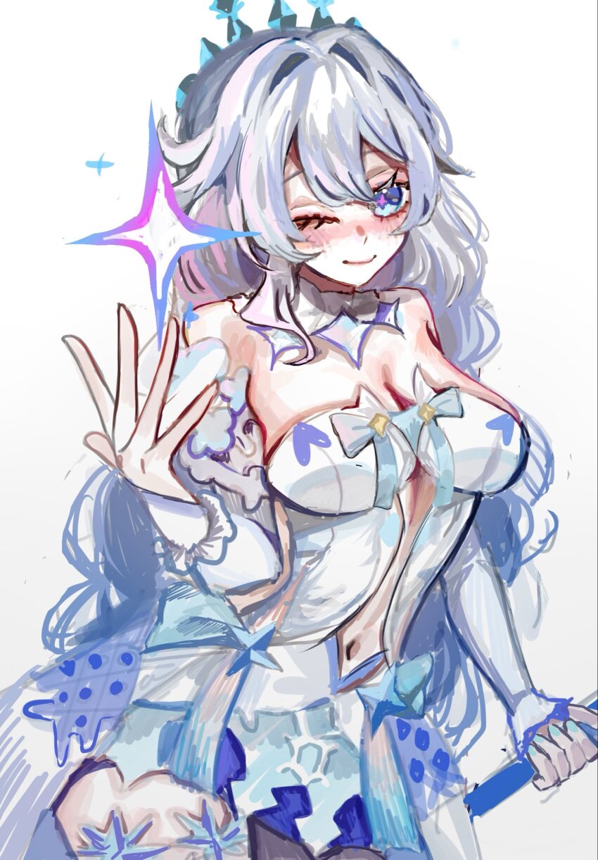 1girl ahoge blue_eyes blue_nails breasts cleavage clothing_cutout commentary cowboy_shot detached_collar detached_sleeves diamond-shaped_pupils diamond_(shape) dress drill_hair gettou0_0 highres honkai_(series) honkai_impact_3rd kiana_kaslana kiana_kaslana_(ba-dum!_fiery_wishing_star) kiana_kaslana_(wintery_wishes) long_hair medium_breasts navel official_alternate_costume one_eye_closed smile star-shaped_pupils star_(symbol) symbol-shaped_pupils tiara very_long_hair white_background white_hair