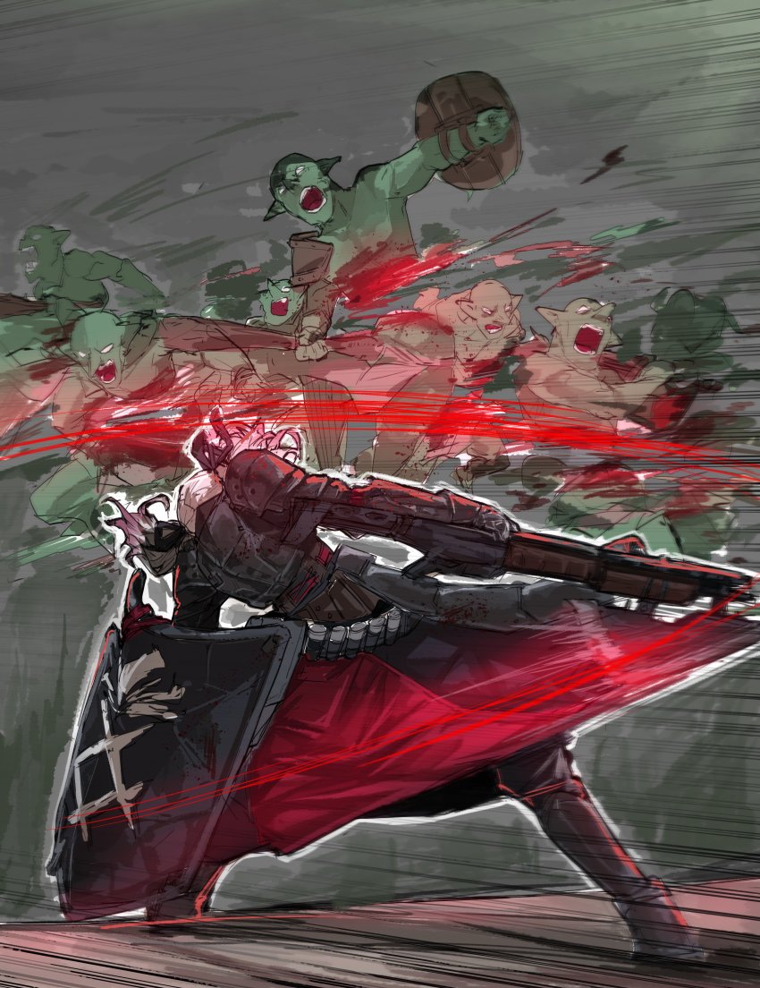 12-gauge 12-gauge_(2_3/4_inch_shell) 1girl 6+boys absurdres alternate_costume ammunition artist_request axe ballistic_shield bandolier belt blood club_(weapon) commentary_request decapitation dual-mode_shotgun ducking fighting franchi girls&#039;_frontline goblin goblin_slayer! grey_hair gun high_brass highres korean_commentary loincloth multiple_boys overpressure_ammunition pump-action_shotgun pump_action semi-automatic_shotgun shield shotgun shotgun_shell slashing spas-12 spas-12_(girls&#039;_frontline) spas-12_(goblin_huntress)_(girls&#039;_frontline) twintails weapon