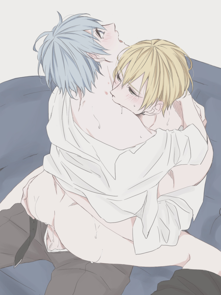 2boys anal arms_around_neck ass biting biting_shoulder black_pants blonde_hair blue_eyes blue_hair blush bottomless commentary_request head_back highres kise_ryouta kuroko_no_basuke kuroko_tetsuya long_sleeves looking_to_the_side male_focus male_penetrated multiple_boys mzpudding open_mouth open_pants pants pants_around_one_leg penis sex shirt straddling sweat tearing_up white_shirt yaoi