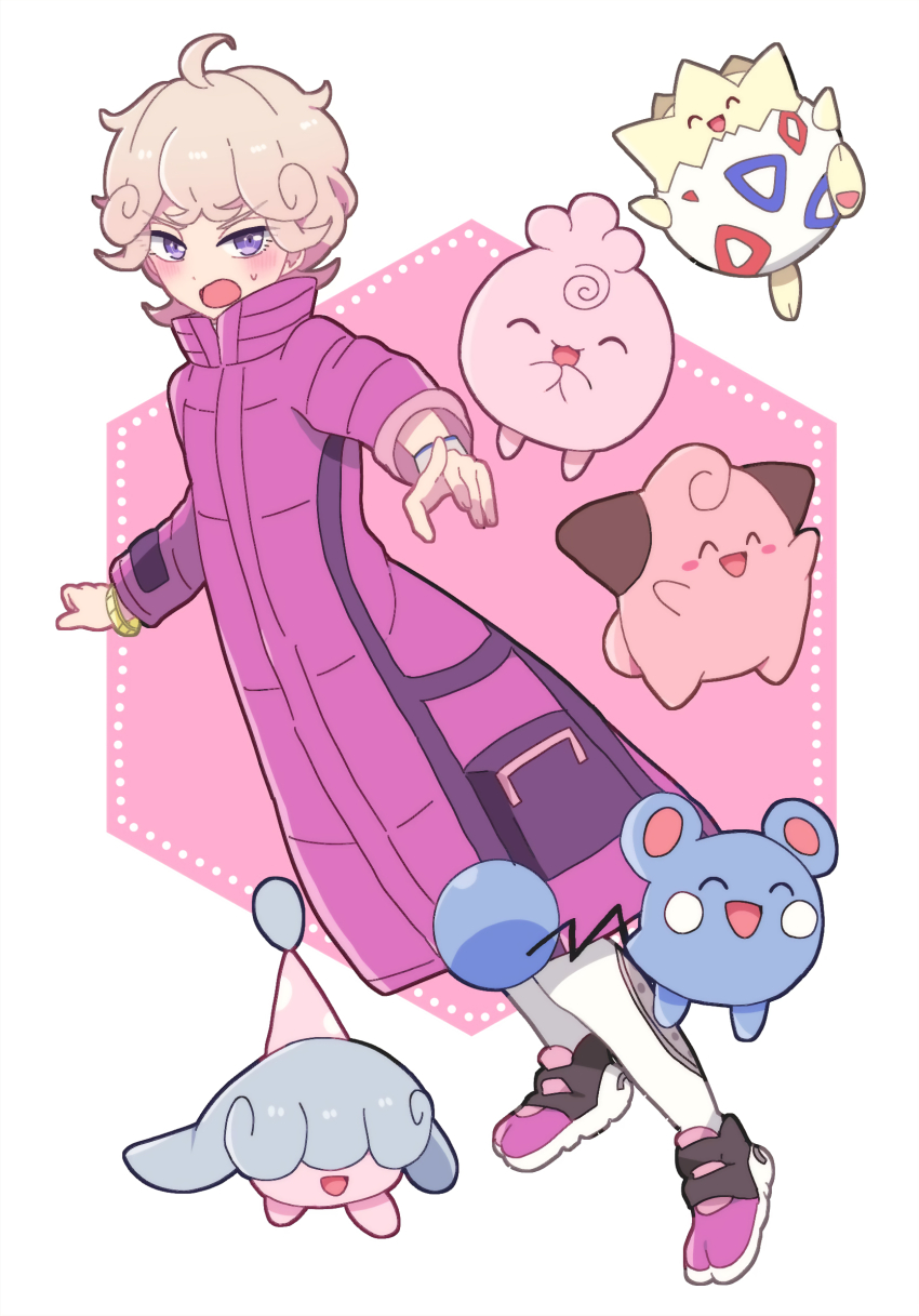1boy :3 ahoge azurill bede_(pokemon) blush closed_eyes coat commentary_request curly_hair eyelashes game_freak gen_2_pokemon gen_3_pokemon gen_8_pokemon hatenna highres igglybuff ioringoxx long_sleeves male_focus nintendo open_mouth pokemon pokemon_(creature) pokemon_swsh purple_coat purple_eyes short_hair simple_background smile sweatdrop togepi