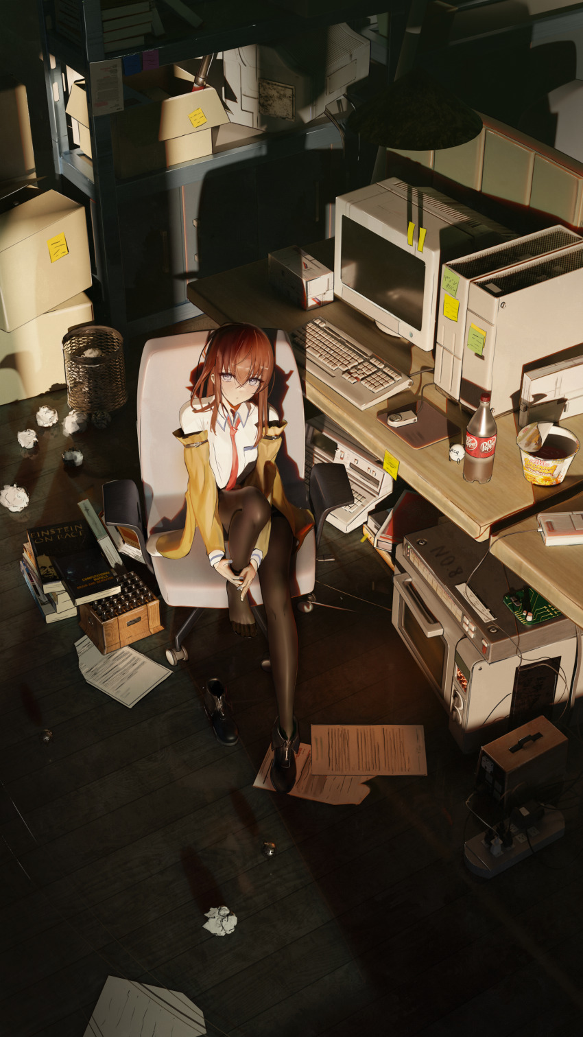 1girl absurdres black_pantyhose black_shoes book book_stack brown_hair brown_jacket chair circuit_board collared_shirt computer computer_keyboard computer_mouse crt crumpled_paper desk dr_pepper from_above full_body highres ibn5100 indoors jacket koishi_(hibananana) leg_up long_hair long_sleeves looking_at_viewer looking_up makise_kurisu microwave monitor nissin_cup_noodle office_chair on_chair pantyhose red_tie shadow shelf shirt shoes single_shoe sitting solo steins;gate swivel_chair trash_can white_shirt wide_shot x68000