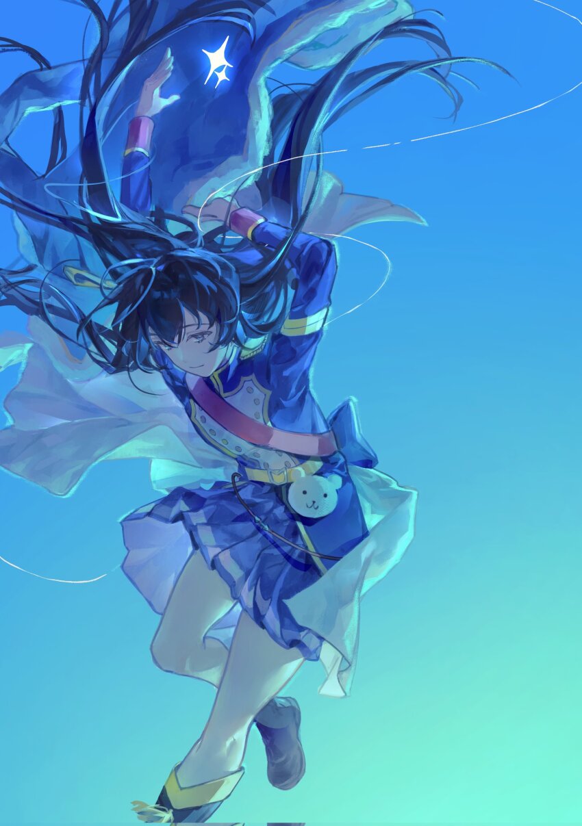 1girl arms_up back_bow belt belt_buckle black_bow black_hair blue_background blue_bow blue_eyes blue_jacket blue_skirt boots bow buckle chinese_commentary closed_mouth commentary_request epaulettes floating_hair foot_out_of_frame fur-trimmed_jacket fur_trim gradient_background hair_between_eyes highres jacket kagura_hikari knee_boots lengdong_shui_xi_chong light_smile long_hair looking_ahead miniskirt multicolored_jacket pleated_skirt red_sash sash shoujo_kageki_revue_starlight shoulder_sash single_stripe skirt solo sparkle standing standing_on_one_leg string striped_clothes striped_skirt stuffed_animal stuffed_toy tassel teddy_bear two-tone_jacket unworn_jacket very_long_hair waist_cape white_jacket yellow_belt