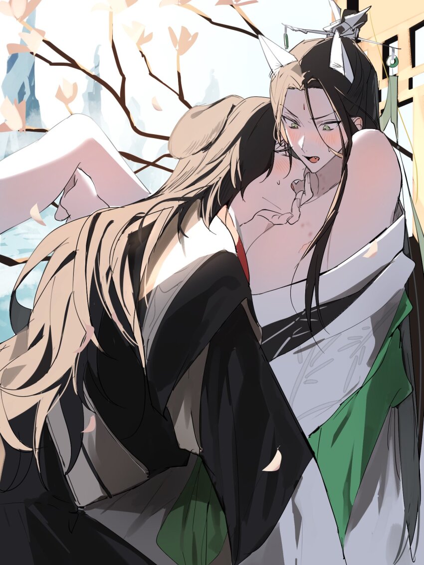 2boys animal_ears bare_legs bare_shoulders black_hair black_hanfu blush branch breasts brown_hair cat_boy cat_ears chinese_clothes cleavage collarbone falling_petals fang flower green_eyes green_hanfu green_ribbon hand_on_another&#039;s_chin hanfu hetero hickey highres huadian kemonomimi_mode leg_grab leg_up long_hair long_sleeves looking_at_another luo_binghe male_focus manjuyawaraka multiple_boys nipples off_shoulder open_clothes open_mouth open_robe outdoors pectorals petals pink_flower red_eyes renzha_fanpai_zijiu_xitong ribbon ribboned_xiao_guan robe robe_partially_removed shen_qingqiu spread_legs sweatdrop third-party_source topknot very_long_hair white_hanfu xiao_guan_(headdress) yaoi