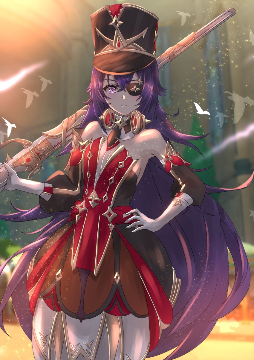 antique_firearm bare_shoulders bird black_hat blurry blurry_background chevreuse_(genshin_impact) closed_mouth commentary_request cowboy_shot detached_sleeves dress earmuffs earmuffs_around_neck eyepatch firearm frown genshin_impact gloves gun hair_between_eyes hand_on_own_hip hat highres holding holding_gun holding_weapon long_hair looking_at_viewer musket nakura_haru over_shoulder puffy_detached_sleeves puffy_sleeves purple_eyes purple_hair red_dress very_long_hair weapon weapon_over_shoulder white_gloves