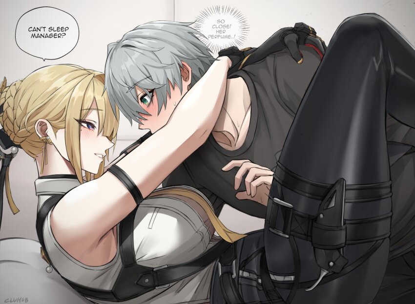 1boy 1girl black_pants chest_harness cluhob english_text evelyn_chevalier grey_hair hair_up harness high-waist_pants highres necktie pants ring_hair_ornament speech_bubble tight_clothes tight_pants wise_(zenless_zone_zero) yellow_necktie zenless_zone_zero