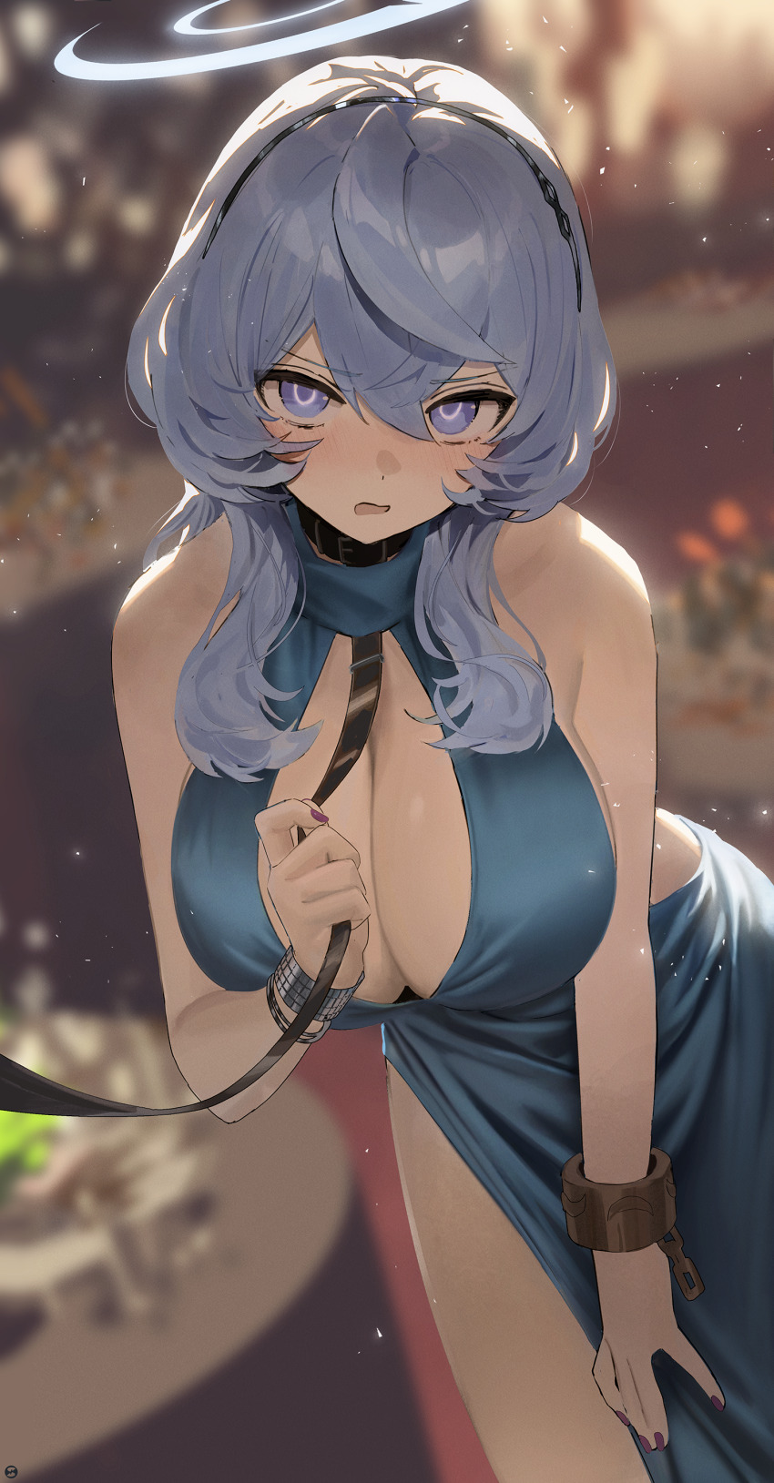 1girl absurdres ako_(blue_archive) ako_(dress)_(blue_archive) bare_arms bare_shoulders bent_over blue_archive blue_dress blue_eyes blue_hair blush bracelet breasts cleavage cleavage_cutout clothing_cutout cuffs dress highres jewelry large_breasts leash long_hair looking_at_viewer multiple_bracelets official_alternate_costume open_mouth shackles sidelocks solo songchuan_li very_long_hair