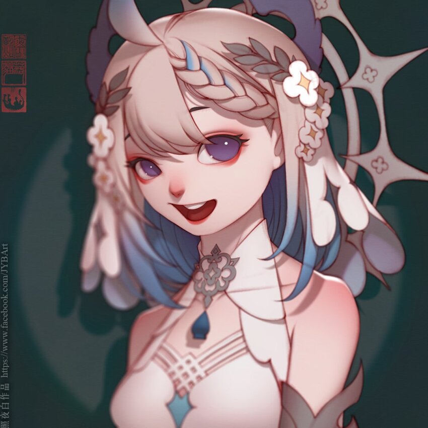 1girl ahoge bare_shoulders blue_hair bob_cut braid breasts dress enna_alouette flower hair_flower hair_ornament halo looking_at_viewer medium_breasts medium_hair multicolored_hair nijisanji nijisanji_en official_alternate_costume open_mouth purple_eyes round_teeth smile solo teeth upper_body upper_teeth_only virtual_youtuber white_dress white_flower zhaoyebai