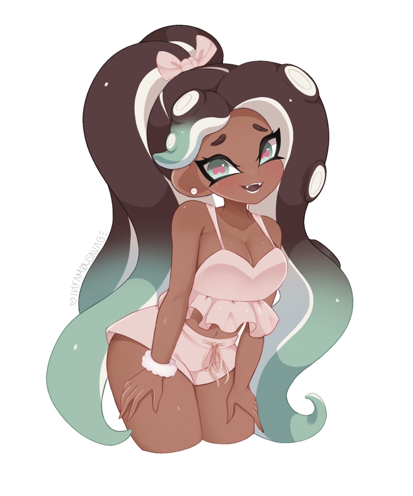 1girl bare_shoulders black_hair dark-skinned_female dark_skin earrings fangs green_eyes green_hair infamousavages jewelry lingerie long_hair looking_at_viewer marina_(splatoon) nintendo octoling pajamas shorts sleeveless splatoon_(series) teeth tentacle_hair twintails underwear very_long_hair wide_hips