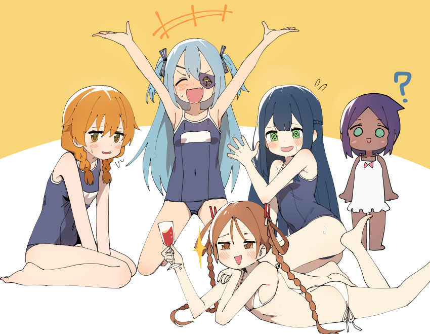 5girls ? @_@ absurdres andvari_(last_origin) bikini blue_hair blue_one-piece_swimsuit blush braid braided_hair_rings brown_eyes brown_hair closed_eyes coco_mercury cup dark-skinned_female dark_blue_hair dark_skin doctor_(last_origin) dress drinking_glass dutch_girl_(last_origin) eyepatch green_eyes hair_pliers hair_rings highres last_origin lrl_(last_origin) luke_(dydansgur) multiple_girls name_tag old_school_swimsuit one-piece_swimsuit open_mouth orange_eyes orange_hair school_swimsuit side-tie_bikini_bottom smile string_bikini swimsuit twin_braids twintails two_side_up white_dress wine_glass