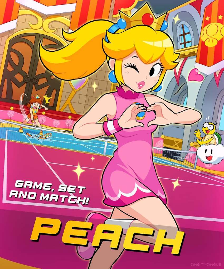2girls angry bare_shoulders blonde_hair breasts character_name cloud crown door dress earrings english_text heart heart_hands highres jewelry lakitu lips long_hair mario_(series) mario_tennis mario_tennis_open medium_breasts medium_hair multiple_girls nintendo one_eye_closed princess_daisy princess_peach racket short_dress shorts sleeveless tennis tennis_court tennis_racket vinny_(dingitydingus) wink