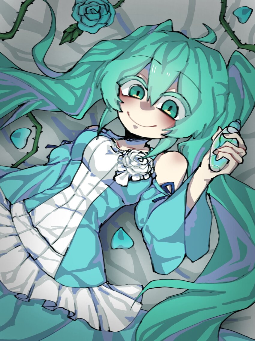 ahoge aqua_eyes aqua_flower aqua_rose bare_shoulders bottle cassdecolette clothing_cutout colored_eyelashes crazy_eyes crazy_smile dress dress_flower evillious_nendaiki flask flower frilled_dress frills hatsune_miku highres holding holding_bottle holding_flask light_blue_dress long_hair looking_at_viewer lying margarita_blankenheim narrow_waist nemurase_hime_kara_no_okurimono_(vocaloid) on_back pale_skin poison rose shoulder_blush shoulder_cutout sidelocks smile thorns twintails very_long_hair vocaloid white_flower white_rose wide_sleeves