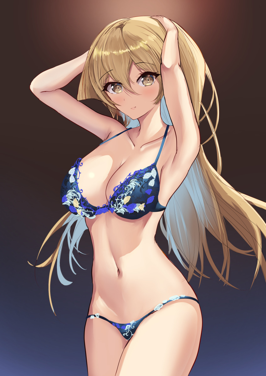 1girl absurdres arerex armpits blonde_hair bra breasts brown_eyes cleavage closed_mouth collarbone cowboy_shot hair_between_eyes highres large_breasts long_hair looking_at_viewer navel panties smile solo tenjouin_asuka underwear yu-gi-oh! yu-gi-oh!_gx