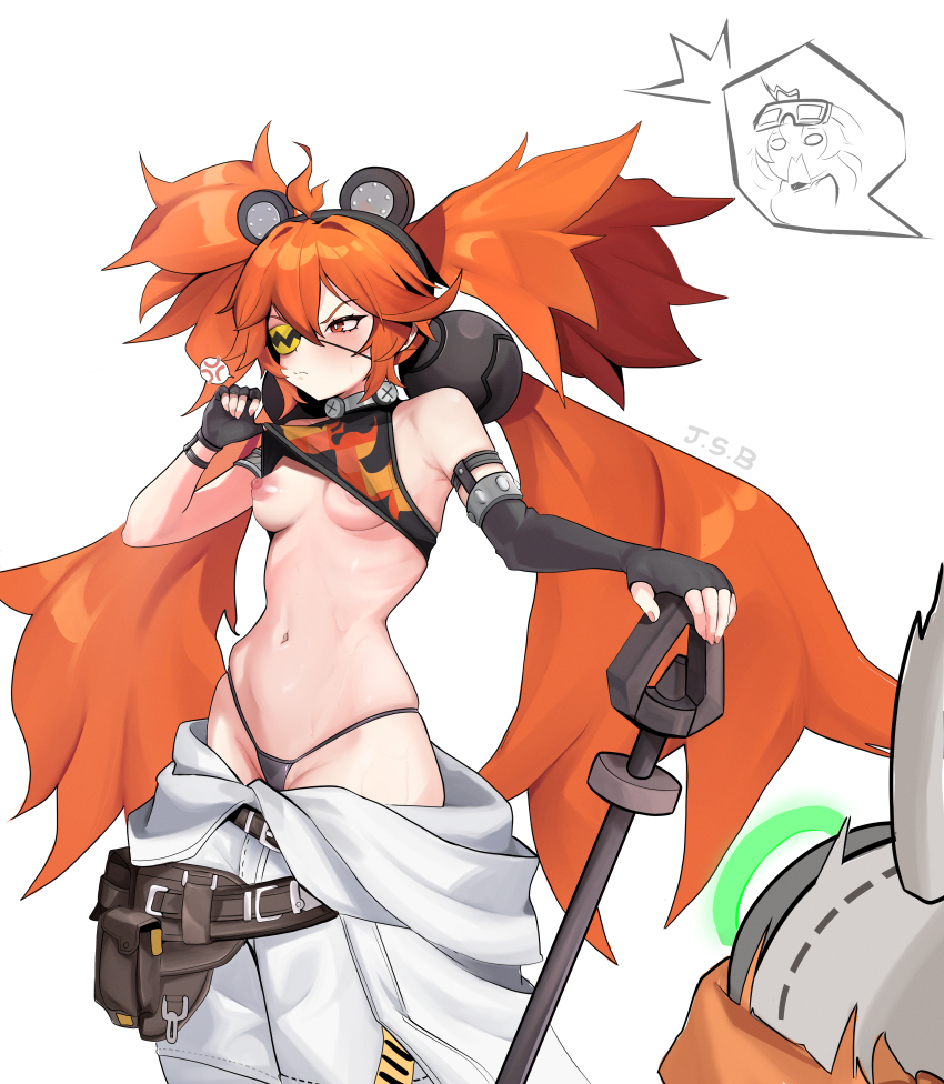 2girls absurdly_long_hair absurdres ahoge anger_vein animal_ear_hairband animal_ears armband bear_ears belt belt_pouch black_belt black_gloves black_hairband black_panties blush breasts brown_belt closed_mouth clothes_lift commentary cropped_legs elbow_gloves english_commentary eous_(zenless_zone_zero) eyepatch fake_animal_ears fingerless_gloves fingernails flame_print frown furrowed_brow gloves goggles goggles_on_head grace_howard hair_between_eyes hair_bobbles hair_ornament hairband half-closed_eyes hand_up highleg highleg_panties highres holding holding_weapon huge_filesize justasillybell koleda_belobog lifting_own_clothes long_hair loose_clothes loose_pants multiple_girls navel nipples no_bra open_mouth panties pants pouch red_eyes red_hair robot shirt_lift simple_background small_breasts split_mouth spoken_anger_vein standing stomach sweat sweatdrop tool_belt twintails underwear undressing very_long_hair weapon white_background white_pants zenless_zone_zero