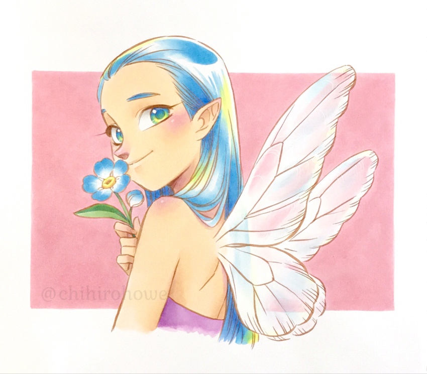 1girl bare_shoulders blue_hair blush chihiro_howe closed_mouth commentary_request fairy fairy_wings female_focus flower forget-me-not_(flower) from_behind green_eyes highres holding holding_flower long_hair looking_at_viewer looking_back marker_(medium) original oversized_flower pink_background simple_background smile solo traditional_media upper_body watermark wings