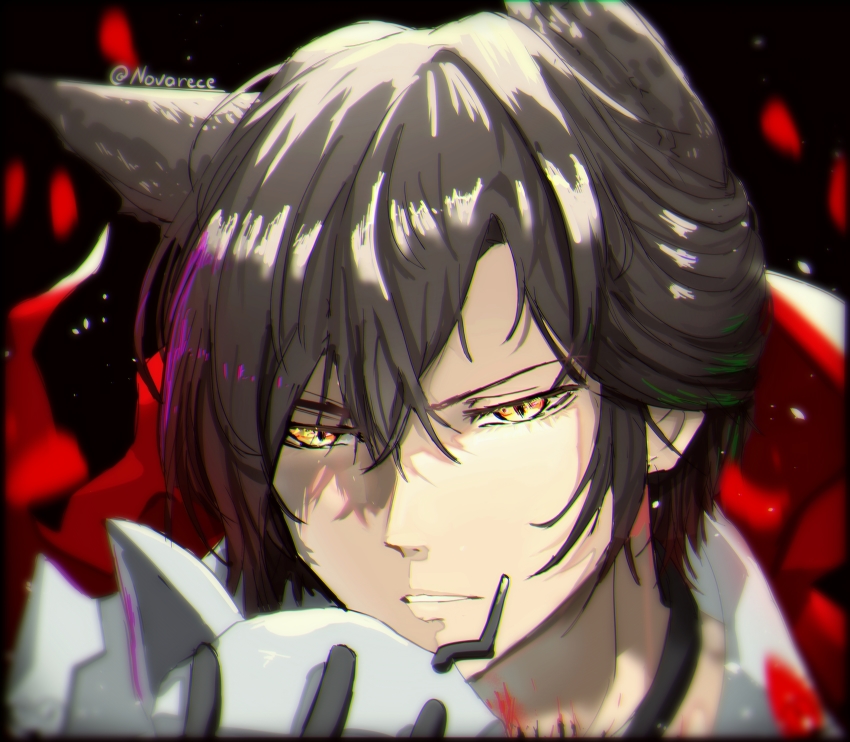 1boy absurdres arknights black_choker choker commentary grey_hair highres male_focus novarece official_alternate_costume parted_lips phantom_(arknights) phantom_(focus)_(arknights) short_hair solo yellow_eyes