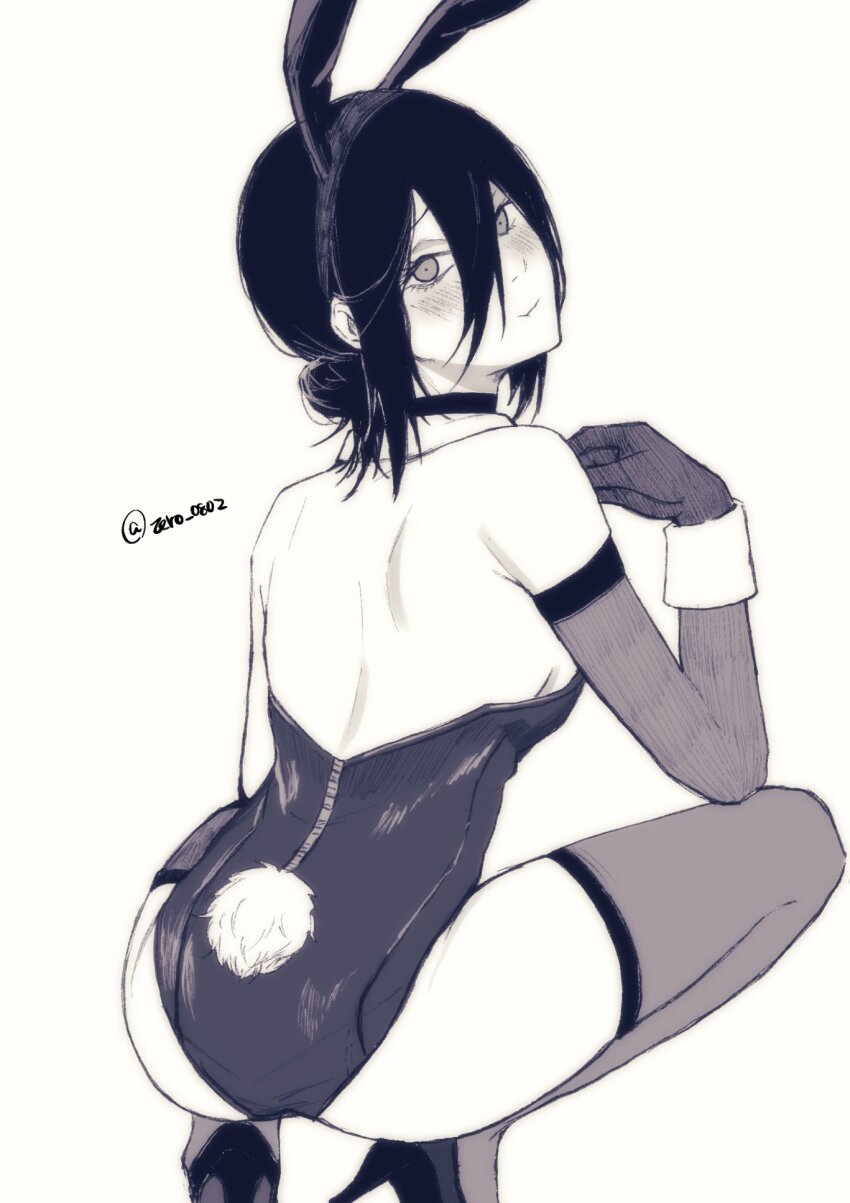 1girl animal_ear_hairband animal_ears ass blush chainsaw_man choker closed_mouth commentary_request elbow_gloves fake_animal_ears fake_tail gloves greyscale hair_between_eyes hair_bun hairband high_heels highleg highleg_leotard highres leotard looking_at_viewer looking_back madaosw medium_hair monochrome rabbit_ear_hairband rabbit_ears rabbit_tail reze_(chainsaw_man) solo squatting tail thighhighs twitter_username wrist_cuffs