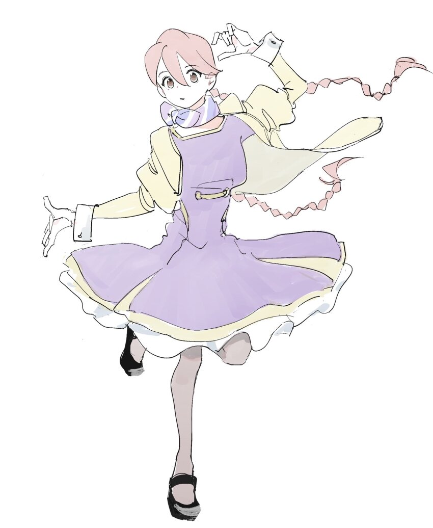 1girl apocalypse_hotel ascot black_shoes braid circle_skirt dancing dress expressionless floating_hair full_body hand_up highres jacket juliet_sleeves long_hair long_sleeves looking_at_viewer low_twin_braids mary_janes needbee_r pantyhose parted_lips pink_hair puffy_sleeves purple_ascot purple_dress shoes simple_background sleeve_cuffs solo standing standing_on_one_leg twin_braids white_background wind wind_lift yachiyo_(apocalypse_hotel) yellow_eyes yellow_jacket