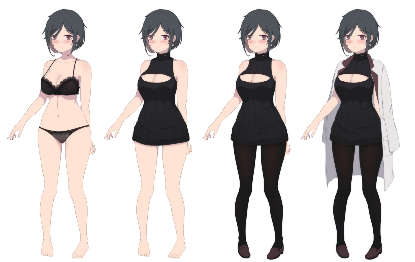 1girl absurdres aren&#039;t_grim_reapers_supposed_to_be_scary arm_behind_back bare_legs bare_shoulders barefoot bikini black_bikini black_hair black_pantyhose black_sweater breasts brown_footwear brown_hair reference_sheet cleavage_cutout clothing_cutout coat coat_on_shoulders collarbone colored_inner_hair dot_nose earrings facial_tattoo heart heart_earrings highres jewelry kamuo lab_coat lace lace-trimmed_bikini lace_trim large_breasts light_blush loafers looking_at_viewer messy_hair mole mole_on_breast multicolored_hair mykka_(kamuo) navel no_pants pantyhose raised_eyebrows red_eyes red_nails see-through_bikini see-through_clothes shoes short_hair sidelocks single_earring sleeveless sleeveless_sweater spaghetti_strap sweater swimsuit tachi-e tattoo turtleneck turtleneck_sweater two-tone_hair white_coat