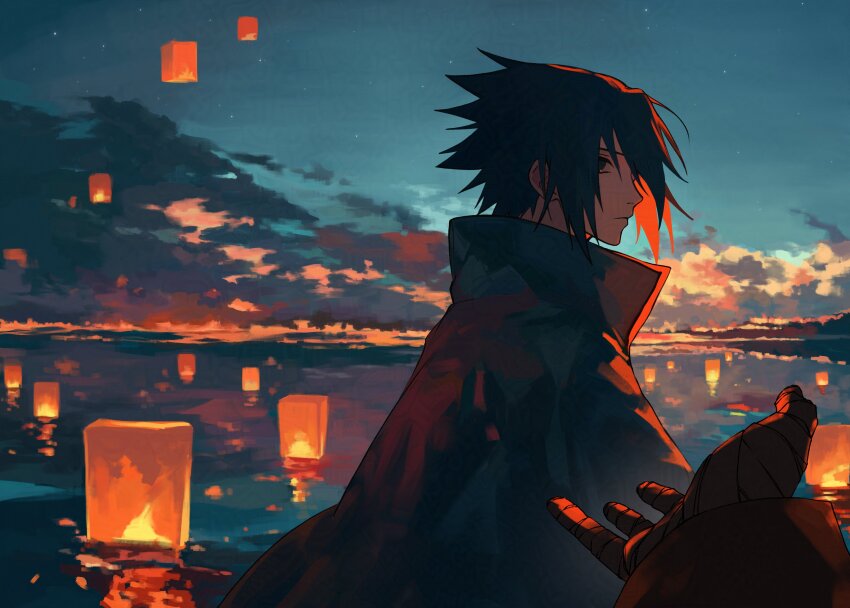 2boys absurdres bandaged_hand bandages black_coat black_eyes black_hair cloud cloudy_sky coat commentary_request hair_over_one_eye haruiro_(hrm_ino) highres lantern lantern_festival looking_at_viewer male_focus multiple_boys naruto_(series) naruto_shippuuden outdoors outstretched_hand short_hair sky sky_lantern spiked_hair sunset upper_body yaoi