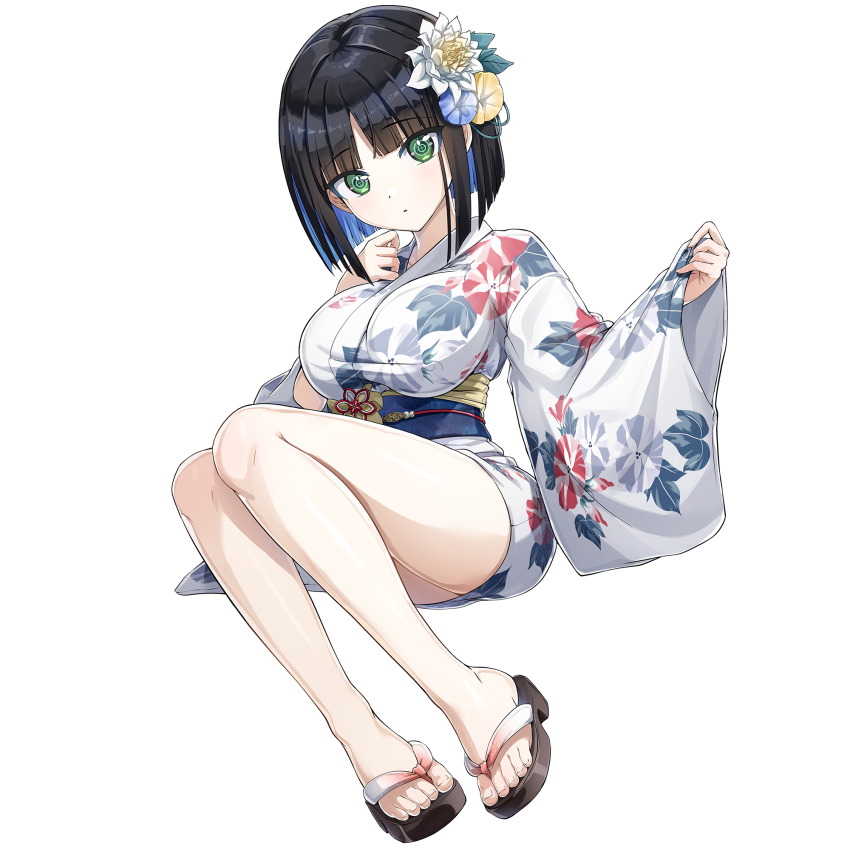 1girl black_hair blue_eyes bob_cut breasts closed_mouth colored_inner_hair crosshair_pupils dolphin_wave dot_mouth eines_(dolphin_wave) floral_print game_cg green_eyes highres japanese_clothes kimono large_breasts looking_at_viewer multicolored_hair non-web_source official_alternate_costume official_art ootomo_takuji sandals short_kimono sitting white_kimono