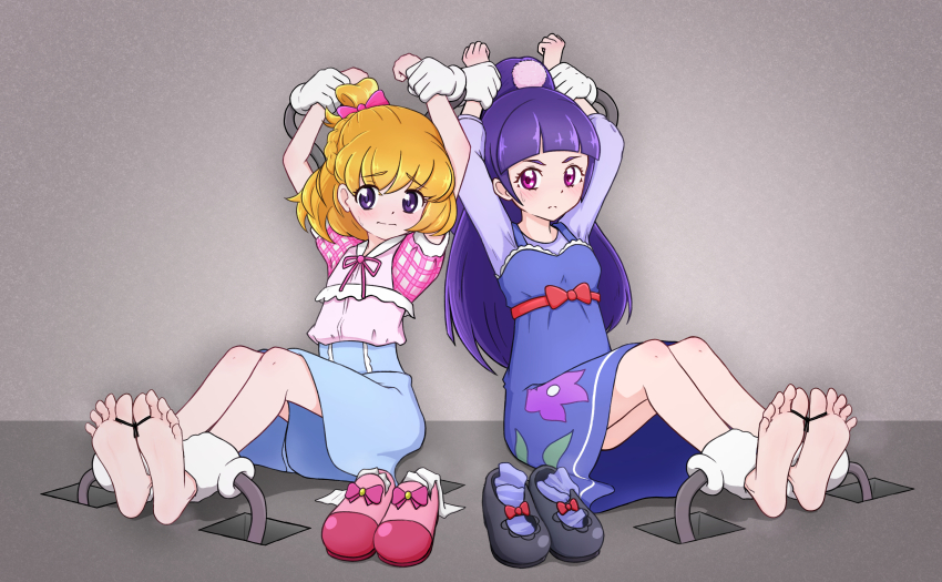 2girls absurdres arms_up asahina_mirai bare_legs barefoot black_footwear blonde_hair blue_dress blue_shorts blunt_bangs blush bound bound_toes bound_wrists bow braid breasts clenched_hands closed_mouth commentary dot_nose dress dress_over_shirt empty_room feet floral_print floral_print_dress folded_braid footwear_bow frilled_shirt frills frown full_body grabber_tool hair_bow hair_ornament high_ponytail highres indoors izayoi_liko long_hair long_sleeves looking_at_viewer mahou_girls_precure! mary_janes medium_hair multiple_girls neck_ribbon one_side_up pinafore_dress pink_bow pink_eyes pink_ribbon pink_shirt pink_shoes plaid_clothes plaid_sleeves pom_pom_(clothes) pom_pom_hair_ornament ponytail precure puffy_short_sleeves puffy_sleeves purple_eyes purple_hair purple_shirt purple_socks red_bow ribbon shirt shirt_tucked_in shoes short_sleeves shorts side-by-side sitting sleeveless sleeveless_dress small_breasts socks soles three-quarter_sleeves tk_(t-k) toes unworn_shoes unworn_socks waist_bow white_socks