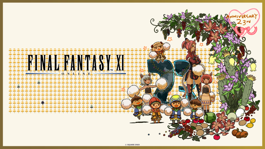 3boys 5girls :d ;d animal_ears anniversary argyle_cutout blonde_hair brown_eyes cabbage cactus cat_ears cat_girl cat_tail clothing_cutout copyright_name copyright_notice facial_mark final_fantasy final_fantasy_xi flower food fruit grapes grey_hair heart highres holding holding_pom_poms itou_ryouma lemon mandragora_(final_fantasy) mithra_(ff11) multiple_boys multiple_girls nanaa_mihgo official_art one_eye_closed onion open_mouth pink_hair pointy_ears pom_pom_(cheerleading) pom_poms potato purple_flower red_flower short_hair smile star_(symbol) tail tarutaru thighhighs tomato turnip whisker_markings yellow_flower