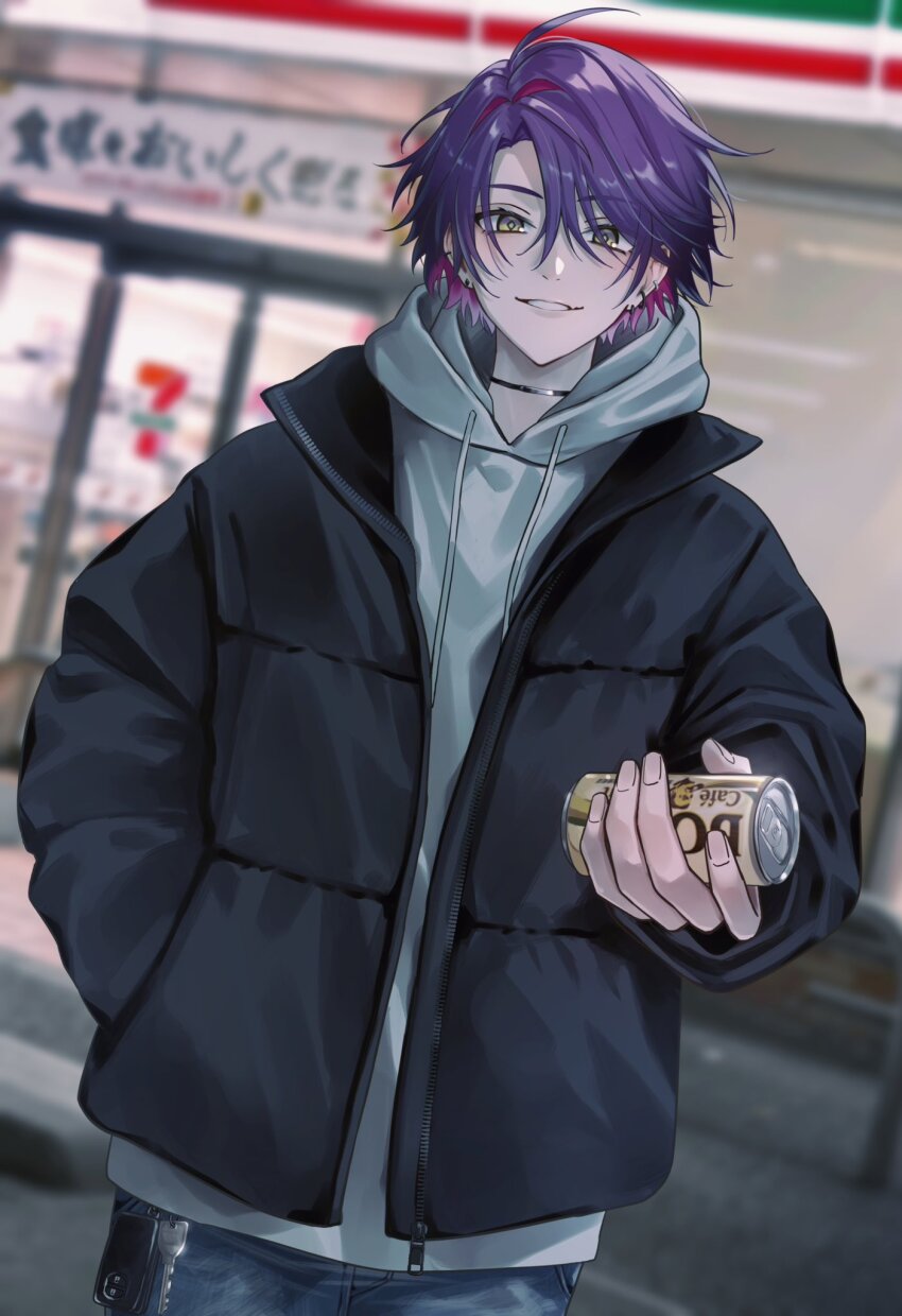 1boy 7-eleven black_choker black_jacket blurry blurry_background can canned_coffee car_keys choker colored_inner_hair commentary_request convenience_store drawstring drink_can ear_piercing earrings fang grey_hoodie hair_between_eyes hair_intakes hand_in_pocket highres holding holding_can hood hood_down hoodie jacket jewelry key long_sleeves looking_at_viewer male_focus multicolored_hair night nijisanji nisi_ki_no open_clothes open_jacket outdoors outstretched_arm parted_bangs parted_lips piercing pink_hair purple_hair shop short_hair skin_fang smile solo standing two-tone_hair virtual_youtuber watarai_hibari yellow_eyes zipper zipper_pull_tab