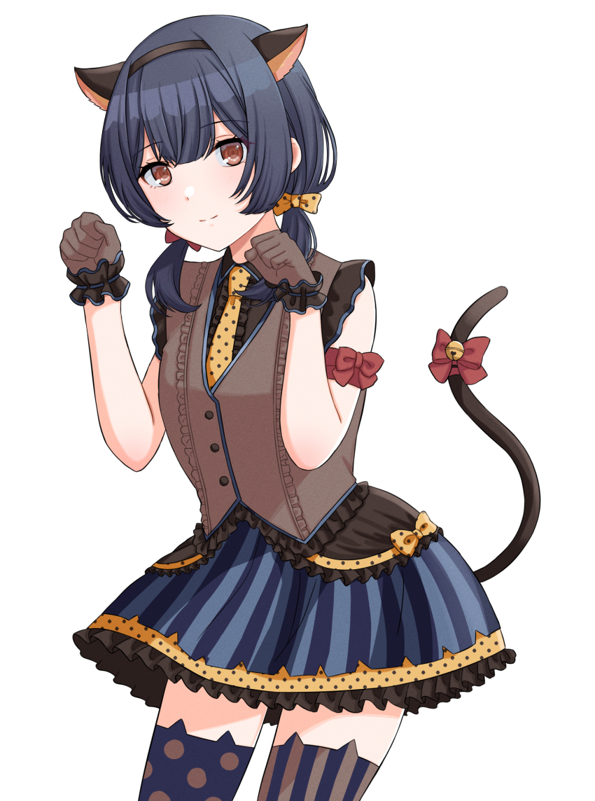 1girl animal_ears asymmetrical_legwear bell black_hair black_hairband black_shirt bow brown_gloves brown_vest cat_ears cat_girl cat_tail center_frills closed_mouth commentary_request frilled_skirt frills gloves hair_bow hair_over_shoulder hairband hands_up highres idolmaster idolmaster_shiny_colors jingle_bell looking_at_viewer low_twintails mismatched_legwear morino_rinze necktie paw_pose polka_dot polka_dot_bow polka_dot_legwear polka_dot_necktie red_bow sasakamasasa shirt short_twintails simple_background skirt sleeveless sleeveless_shirt smile solo striped_clothes striped_skirt striped_thighhighs tail tail_bell tail_bow tail_ornament thighhighs twintails vertical-striped_clothes vertical-striped_skirt vertical-striped_thighhighs vest white_background yellow_bow yellow_necktie